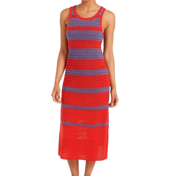 Scoop Dress Large Purple Red Striped Crochet Sleeveless Openwork Pullover Boho - Picture 1 of 9